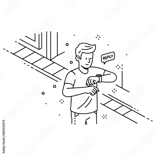 Young caucasian male interacting with smartwatch in urban setting line art