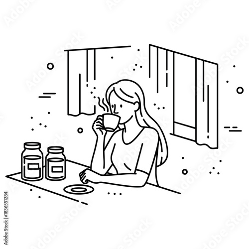 Young caucasian female enjoying a warm beverage at home