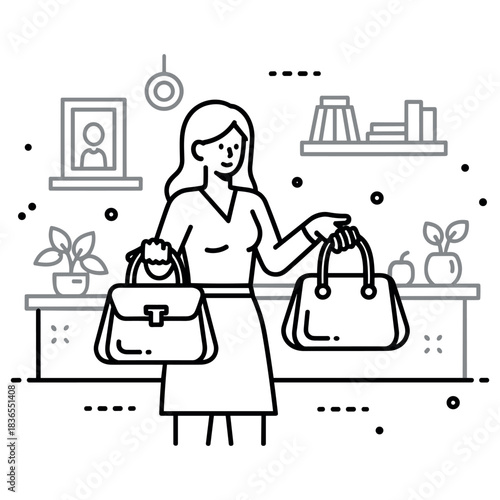 Female choosing handbags in stylish boutique setting with home decor