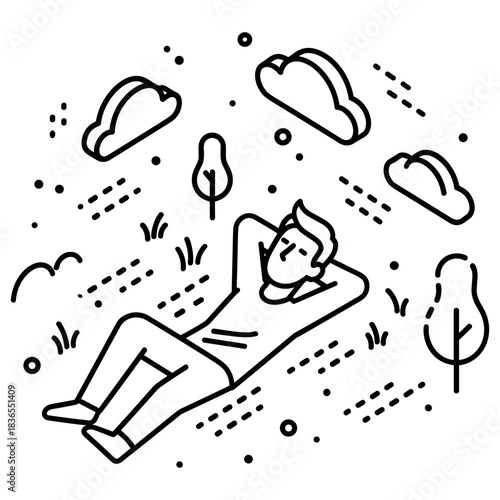 Minimalist illustration of man relaxing under clouds in nature