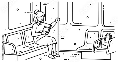 Female reading on public transit: outline illustration of calm subway ride
