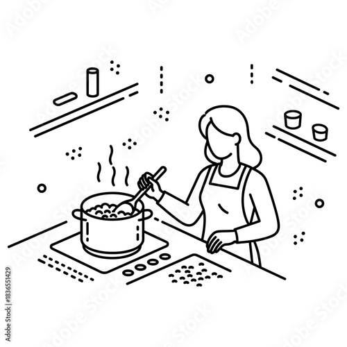 Female cooking in kitchen with pots and ingredients on stove