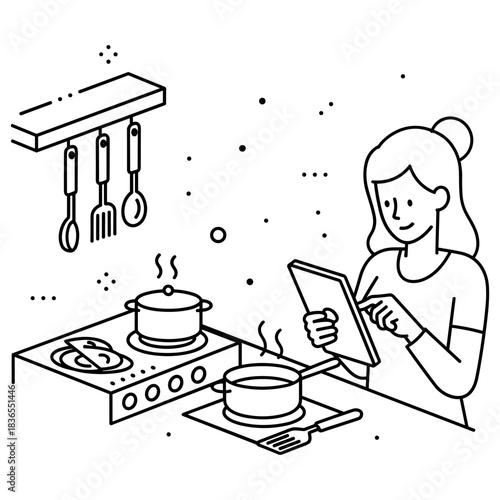 Young caucasian female cooking with tablet in modern kitchen line art