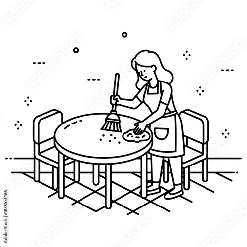Female young caucasian cleaning table illustration line art