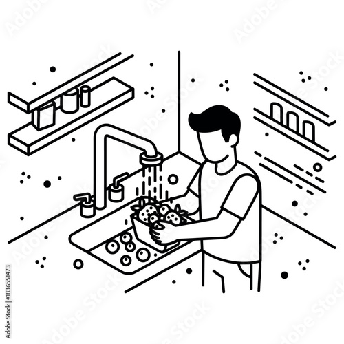 Young caucasian male washing vegetables in kitchen sink line art illustration