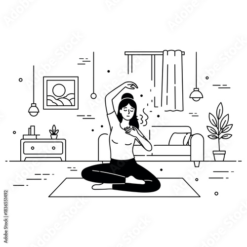 Female practicing yoga in modern living room interior line art