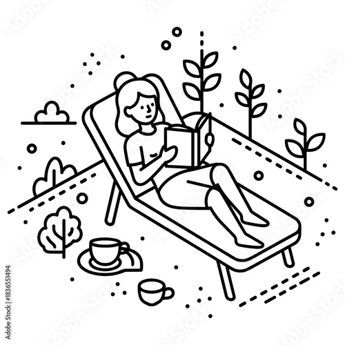 Female relaxing on recliner reading outdoors in nature line art