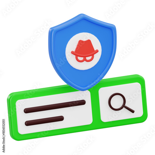 3D rendering of browser search bar with shield blocking hacker icon representing safe browsing and antivirus