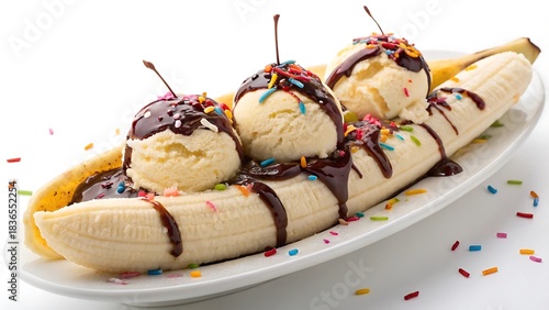 Classic banana split dessert with ice cream chocolate sprinkles
