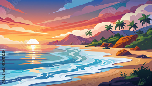 A peaceful beach at sunset celebrating World Ocean’s Day, with gentle waves lapping the shore and soft white foam. Serene natural scene highlighting coastal beauty, relaxation, and ocean conservation