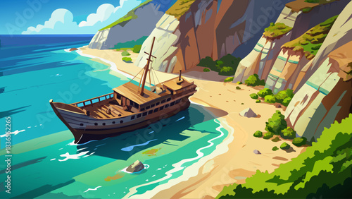 High-angle drone footage capturing the famous rusting ship on Navagio Beach, Zakynthos. Stunning turquoise waters surrounded by steep cliffs, creating a cinematic, serene, and timeless coastal vista 