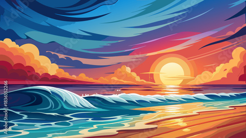 Sunset over a tranquil beach with soft ocean waves and foamy surf, symbolizing World Ocean’s Day. Vibrant yet calming seascape ideal for conservation, wellness, and nature-themed visuals