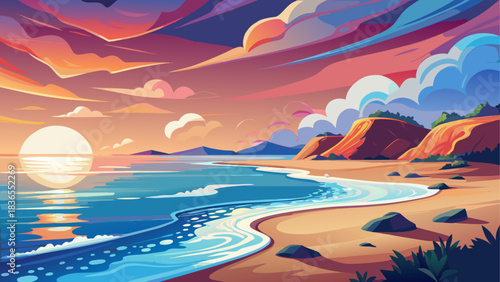 A peaceful beach at sunset celebrating World Ocean’s Day, with gentle waves lapping the shore and soft white foam. Serene natural scene highlighting coastal beauty, relaxation, and ocean conservation