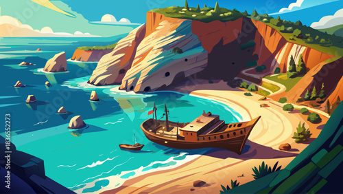 Aerial cinematic drone view of Navagio Beach, also known as Shipwreck Beach, in Zakynthos, Greece. Crystal turquoise waters, dramatic cliffs, and the iconic rusting ship create a breathtaking