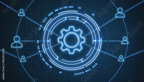 Connected Network of Ideas: An abstract digital illustration showing a central cogwheel interconnected with user icons, representing a network of connections and digital collaboration.