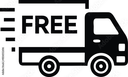 A moving black truck icon displaying the word free against a white background