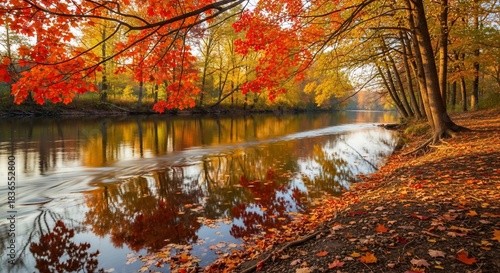 Autumn river landscape with colorful foliage reflection nature scene