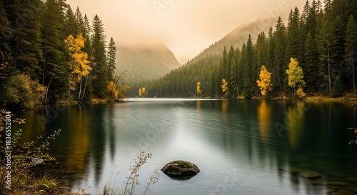 Autumn trees reflecting in forest lake landscape