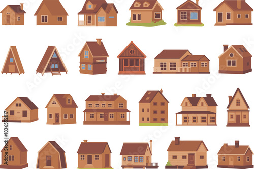 Cartoon house illustrations, colorful architecture, residential buildings, hand-drawn homes, diverse styles, cozy cabins, modern houses, urban design, cute dwellings