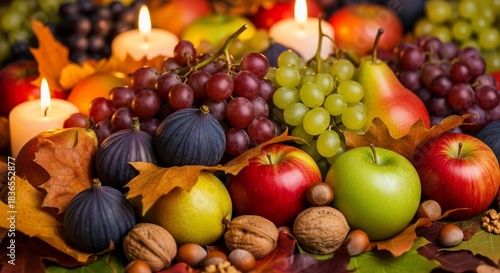 Autumnal fruit still life with candles and fall leaves