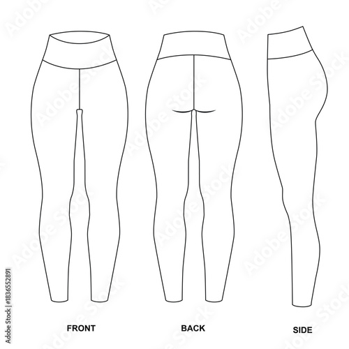Vector illustration of basic leggings, front, back, and side views. Fashion sketch of cycling leggings for women. Clothing template for sports, yoga, Pilates, running, gym, walking. 