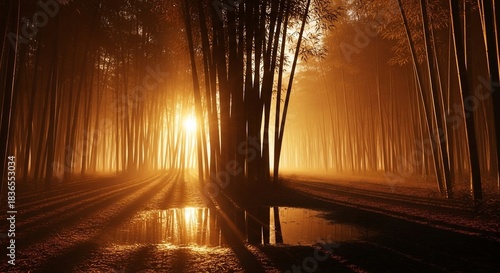 Bamboo forest at sunset with sun rays and water reflections nature background