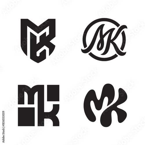 A versatile set of modern black and white M K letters logo monogram designs perfect for professional branding and corporate identity projects, offering creative graphic design solutions.