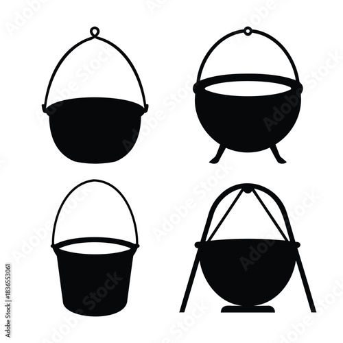 Collection of black silhouette camping and cooking pots set