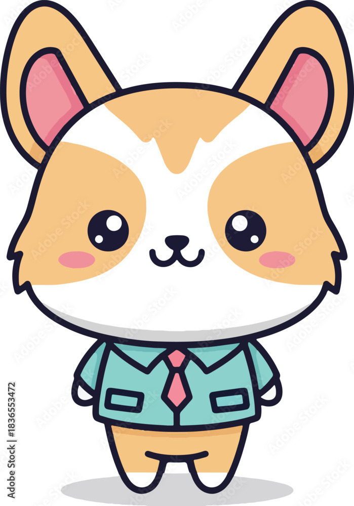 Fototapeta premium Adorable cartoon corgi dog wearing a blue shirt and tie ready for business, Generative Ai