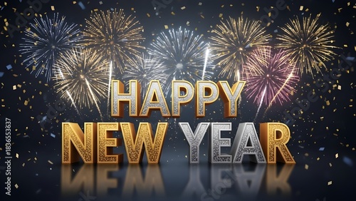 Happy New Year digital artwork with large bold typography, golden and silver letters, sparkling fireworks and confetti, luxurious high-res festive illustration