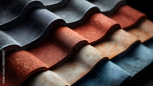 Roofing materials samples in multiple colors and textures