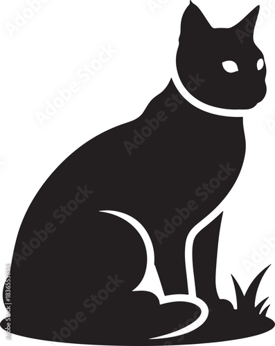 A stark black silhouette of a sitting cat with glowing white eyes on a white background for international animal rights day, Generative Ai