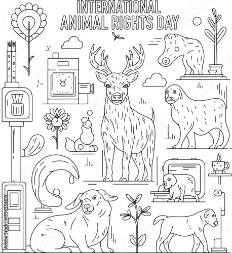 International day for biological diversity coloring page featuring various animals and plants for educational purposes, Generative Ai