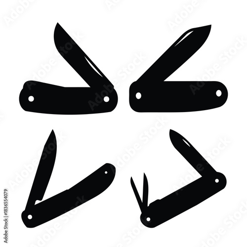 Pocket knife icons set, multi-tool silhouettes on white.