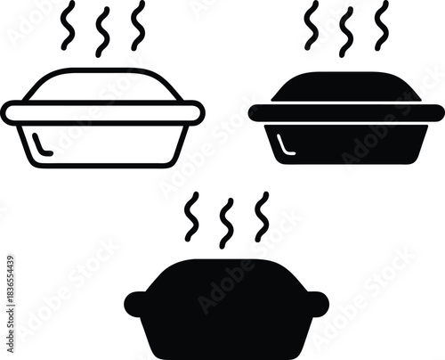 Hot Food Container Icon Steaming Covered Casserole Dish Or Takeaway Meal Box Outline And Solid Vector Silhouette and Pictogram.eps