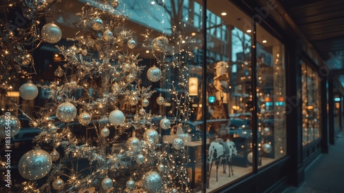 Christmas tree with silver ornaments and lights displayed in a shop window at night time scene