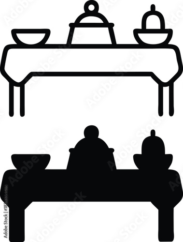 Restaurant Catering Table Icon With Dishes Bowl Pitcher And Covered Pot Dinner Service Vector Silhouette and Pictogram.eps