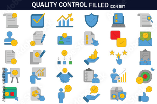 Quality control filled icon set featuring checklists, approval marks, reports, ratings, analytics, verification, and workflow symbols. Ideal for QA, management, business, and process improvement.