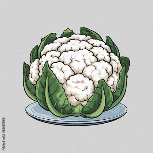 Fresh healthy organic cauliflower head with green leaves on a plate, isolated for food concepts Vector
