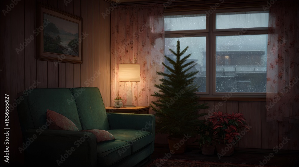 Naklejka premium Cozy living room with a green couch and a Christmas tree