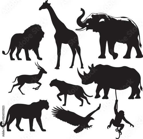 African safari animals silhouette collection lion giraffe