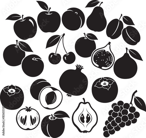 Black silhouette fruit collection apple pear plum cherry fig pomegranate