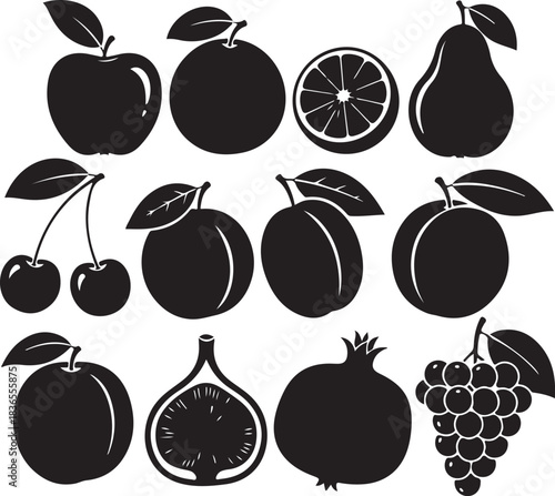 Black silhouette collection of assorted fruits with leaves