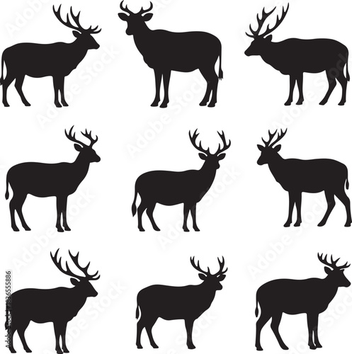 Black silhouettes of deer with antlers on white background