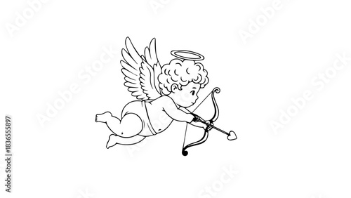 Delicate cherubic cupid aiming a bow in flight drawing.