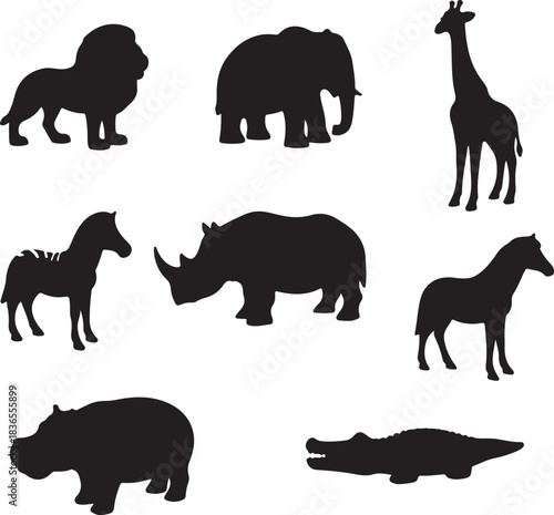 Black silhouettes of safari animals on white background