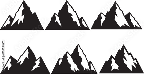 Six black and white mountain range silhouettes mountains