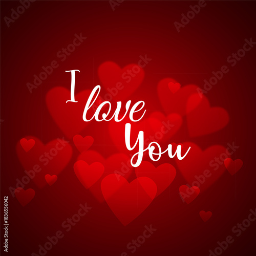 Romantic dark red background with numerous red hearts and the white script text 'I love You' for Valentine's Day.