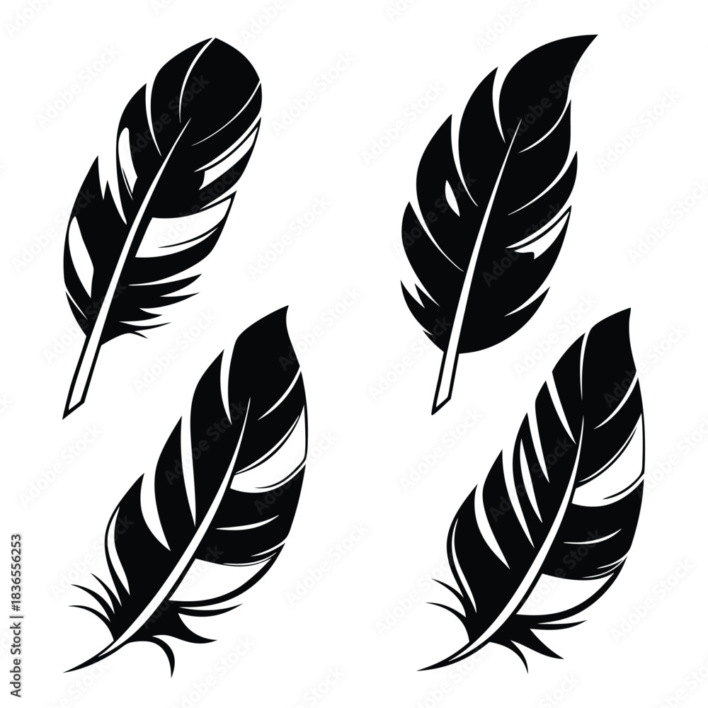 Obraz premium Four detailed black feather icons are artistically arranged on a white background