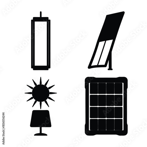 Solar energy icons: street lights, sun lamp, and panel set.